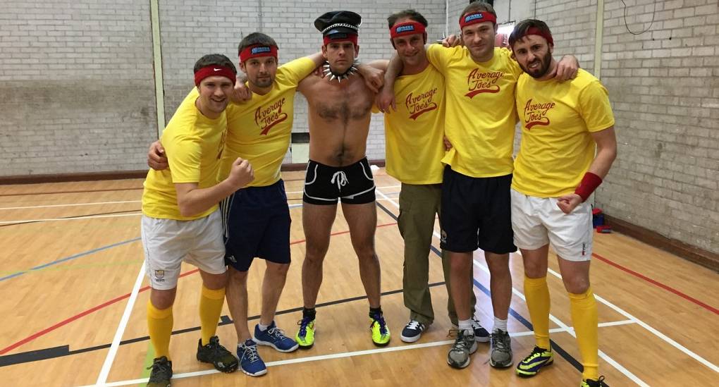 Stag group in fancy dress from the Dodgeball film