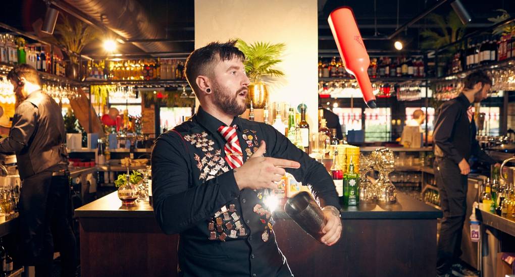 Cocktail barman showing some flair at TGI Fridays